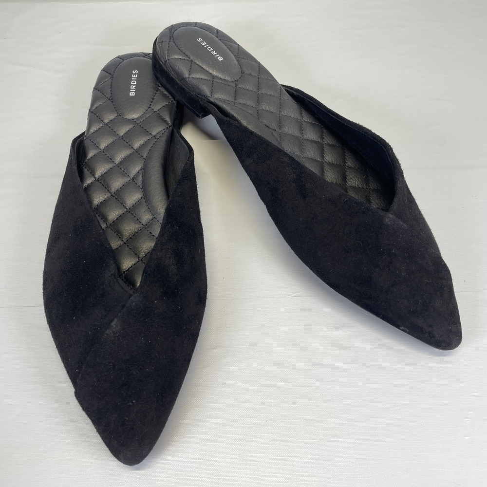 Birdies The Swan Mule Shoes Womens‎ Size 10.5 Black Suede Slip On Pointed Toe